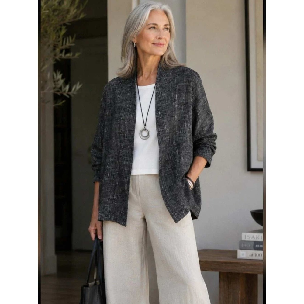 Eileen Fisher Linen Organic Cotton Blend Open Front Cardigan Jacket Black XL/TG